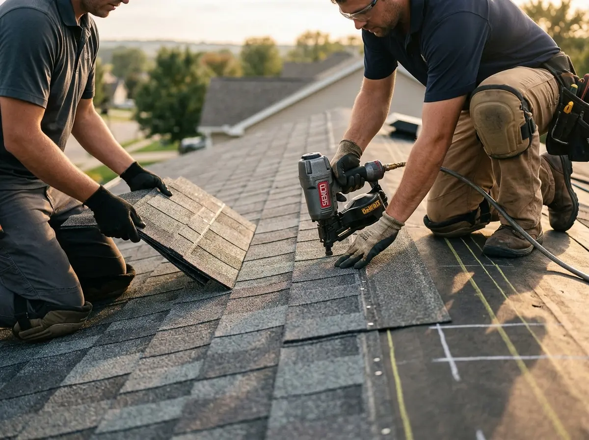 Professional roofer working on a residential roof in Souderton